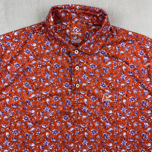 Rhoback Mens Shirt Large Red Paisley Floral Polo Performance Golf Stretch - Picture 2 of 8